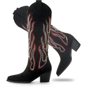 Women's Chunky Block Heel Pointed Toes Pull On Knee High Western Black Boots